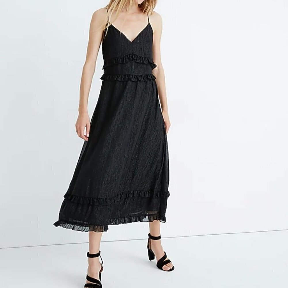 Madewell‎ Black Shimmer Ruffle Cami Midi Dress US 0​​​​​​​​​​​​